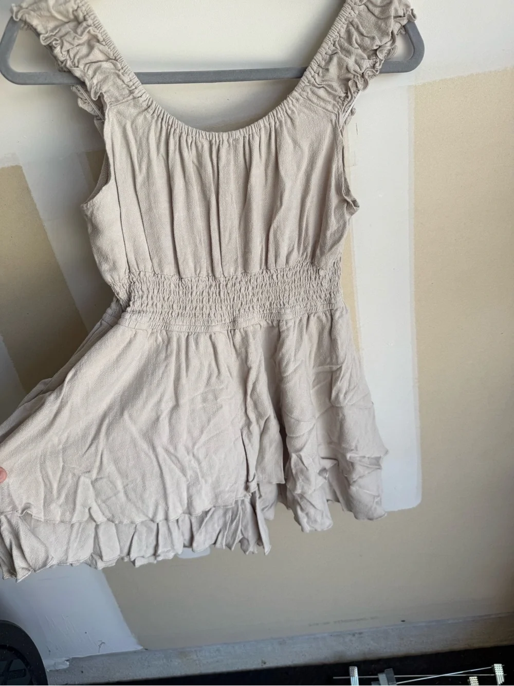 Beige Smocked Waist Ruffled Strap Romper